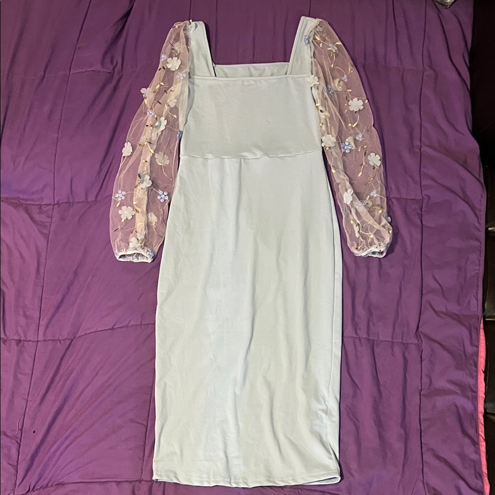 SHEIN White Dress with Sheer Floral Sleeves